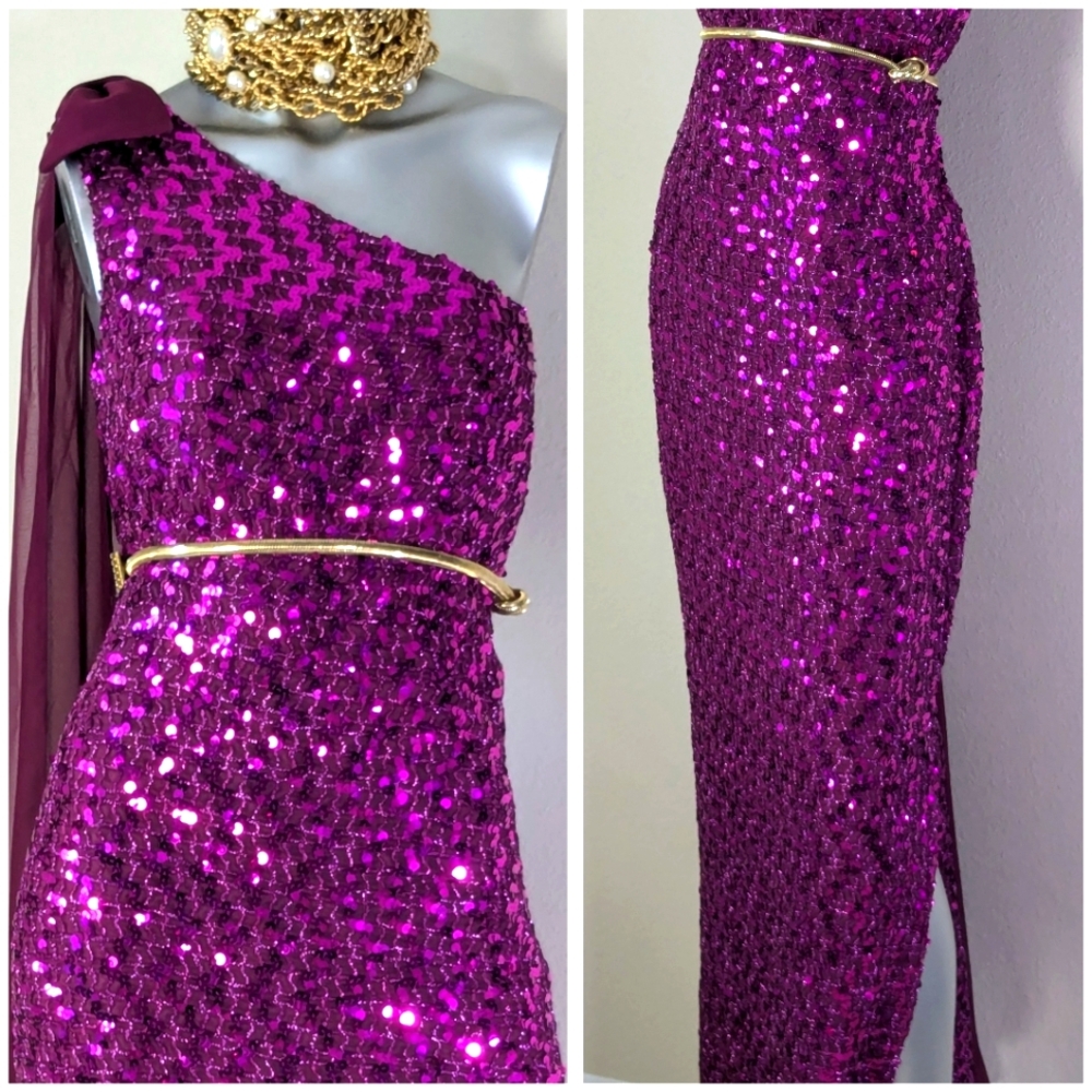 Off Shoulder Sequin Cocktail Evening Attached Chiffon Bow Side Split VTG Dress